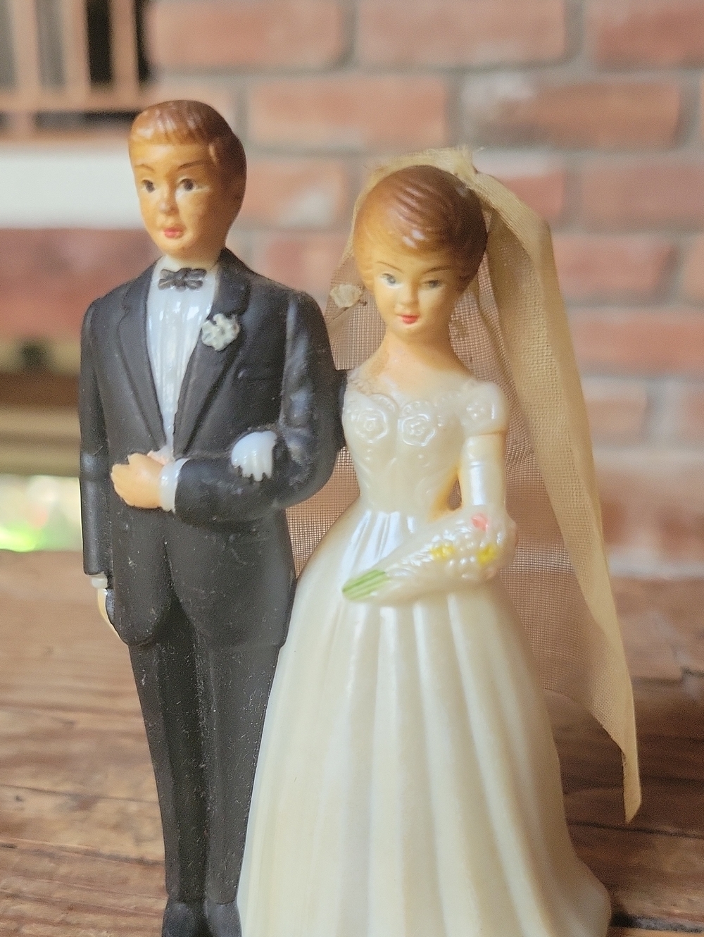 Vintage 1950's Bride and Groom Wedding Cake Topper - Ivory Dress, Black Tux
